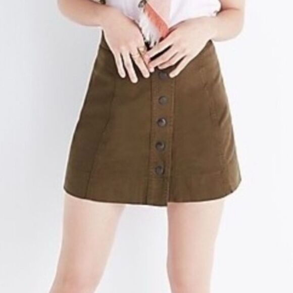 Madewell Metropolis Snap Skirt Size 8 Olive Green Snap Front A-Line Cotton Mini - Picture 9 of 9